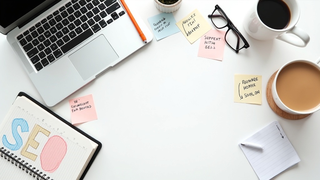 A top-down view of a desk with a laptop, open notebook, coffee cup, and highlighted SEO notes scattered, suggesting content research and writing in progress.