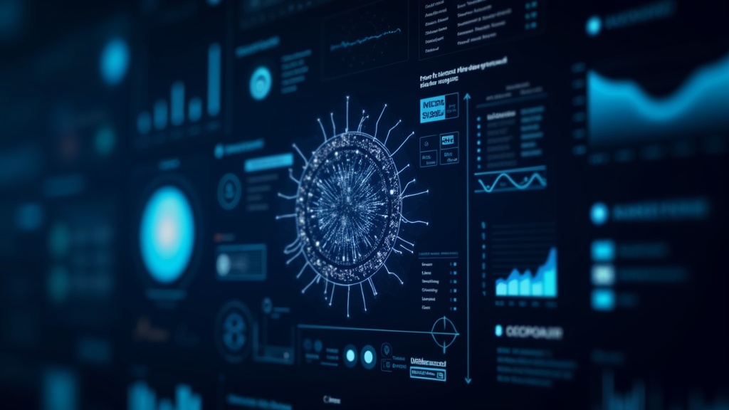 AI data dashboard, glowing digital interface with charts, neural networks, and statistical patterns
