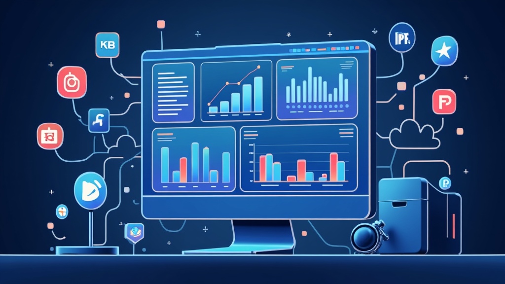 AI-driven dashboard automating social media posts across different devices showing charts and analytics