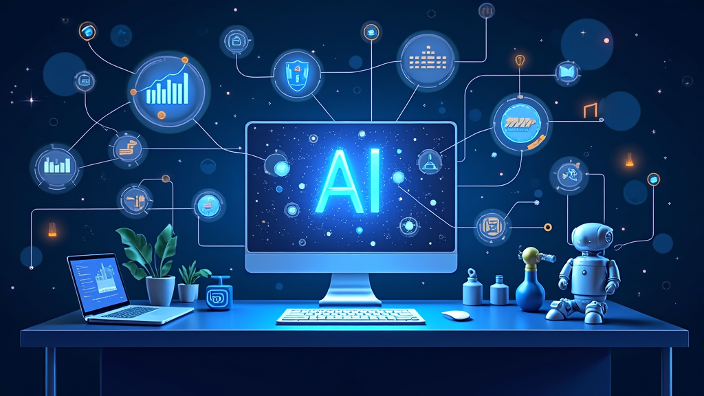 An illustrated dashboard of AI marketing tools automating various digital marketing tasks, such as social media scheduling, email workflows, and data charts