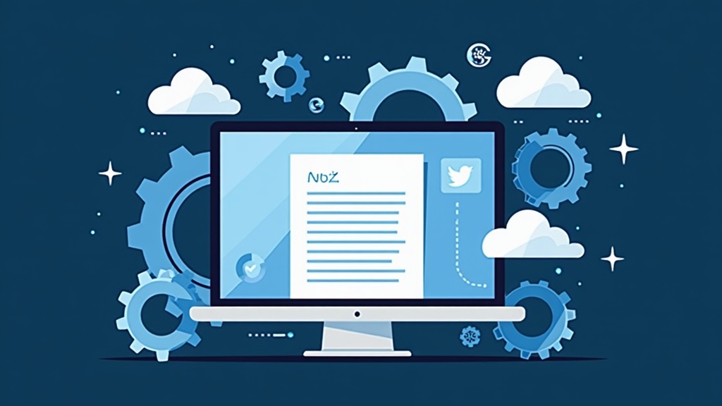 A computer with code and blog post drafts on-screen, surrounded by digital gears and cloud icons